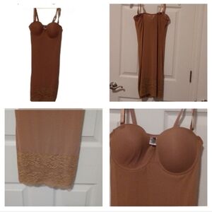 - Seamless Tan Slip Dress With Gorgeous Lace